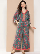 Green & Pink Printed Jumpsuit with Lace Inserts-AHJSCRDP-45-ICH